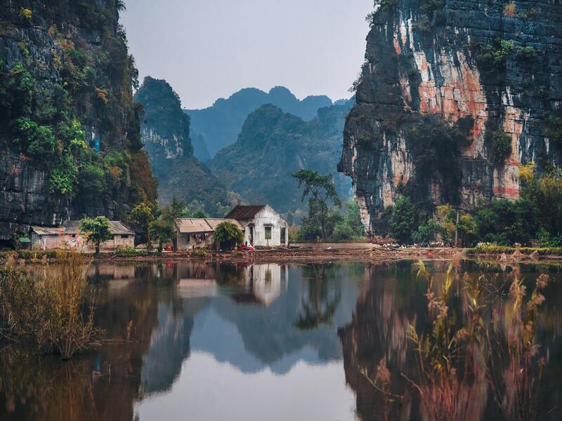 white house between two cliffs in Vietnam
